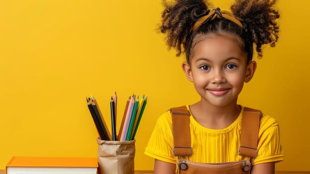 A cheerful girl with curly hair poses for a portrait against a vibrant yellow background. She is dressed in a yellow shirt and brown overalls, with colored pencils nearby, showing her love for art.