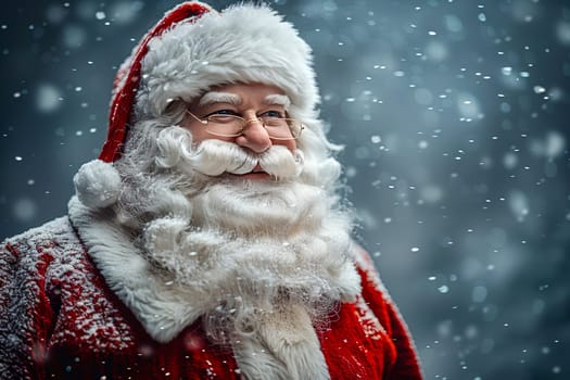 A cheerful man dressed as Santa Claus stands in a snowy landscape, surrounded by falling snowflakes. His bright red suit contrasts beautifully against the winter backdrop. Copy space