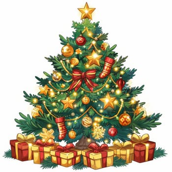 The Christmas tree is lush and green, decorated with colorful ornaments, golden stars, and bright lights.