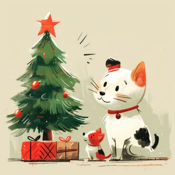 Two adorable pets sit beside a Christmas tree adorned with a star and ornaments, surrounded by colorful presents, capturing the spirit of the holiday season in a cozy atmosphere.