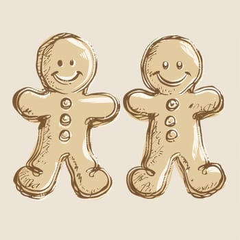 Two cheerful gingerbread figures are illustrated with buttons and smiling faces, creating a whimsical and festive atmosphere perfect for holiday celebrations and seasonal decorations.