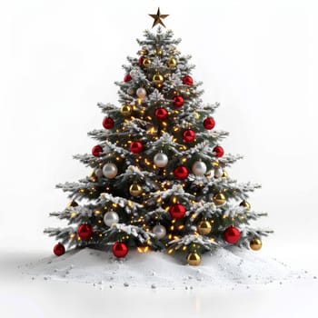 The Christmas tree stands elegantly, adorned with bright gold, red, and white ornaments. Sparkling lights illuminate the festive decorations, creating a warm holiday ambiance.
