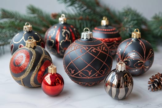 A collection of beautifully designed black and red Christmas ornaments is displayed on a marble surface. These ornaments showcase intricate patterns and shimmer, perfect for festive decorations.