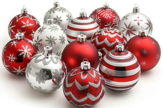 A collection of vibrant red and silver Christmas ornaments is beautifully arranged together, showcasing intricate designs and patterns. These festive decorations create a joyful holiday atmosphere.