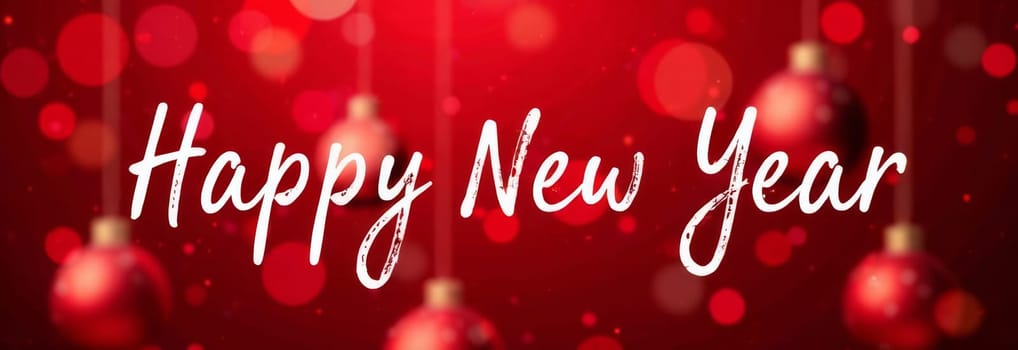 Colorful ornaments hang against a red backdrop, capturing the festive spirit of New Year's celebrations. The scene radiates joy and anticipation for the upcoming year.