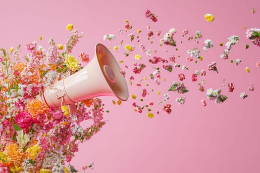 A colorful megaphone surrounded by vibrant flowers is creating a dynamic visual against a pink background, symbolizing communication and nature.