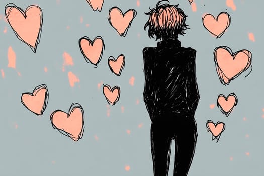 A character stands alone, facing away, with various hearts floating around in a soft, pastel environment, suggesting emotions and introspection.