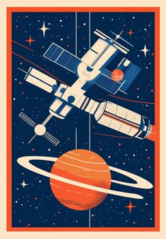 A detailed view of a futuristic space station orbiting a colorful planet with rings, surrounded by stars and a dark cosmic background.