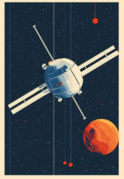 A futuristic satellite orbits in deep space, near a red planet, with stars twinkling in the black void of the universe.