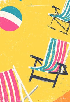 Colorful beach chairs and a striped ball are arranged on a sunny, yellow background, creating a vibrant summer vibe perfect for relaxation.