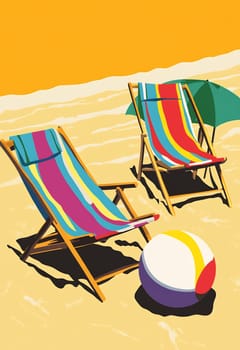 Two vibrant beach chairs are set on golden sand with a colorful beach ball nearby, creating a cheerful beach atmosphere.