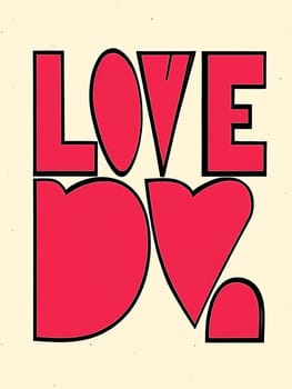A vibrant design features the word love in bold red letters, surrounded by heart shapes against a soft background, expressing affection and warmth.