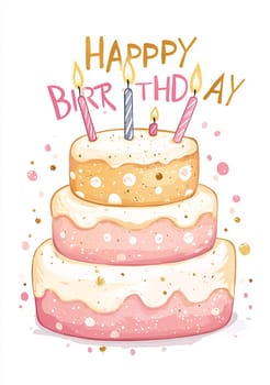 A three-tiered cake decorated with pastel colors and candles celebrates a birthday with joyful colors and festive design.