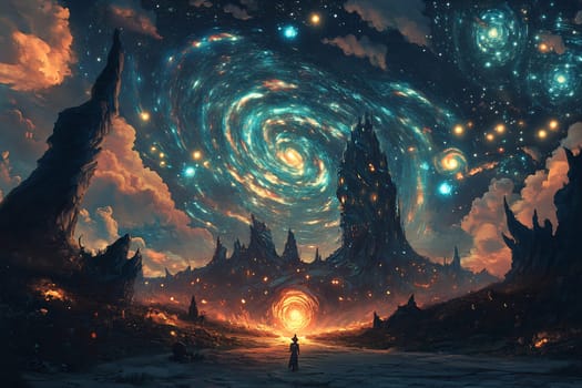 A lone figure stands in a surreal landscape surrounded by swirling galaxies, vibrant colors, and towering rocky formations under a starry sky.
