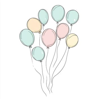 Balloons in pastel colors rise gently against a white backdrop, creating a cheerful and festive atmosphere suitable for celebrations.