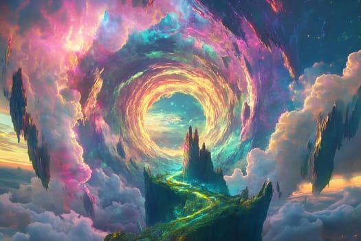 Vibrant celestial scene showcases a swirling vortex of colors above a rugged path leading toward distant mountains amidst fluffy clouds.