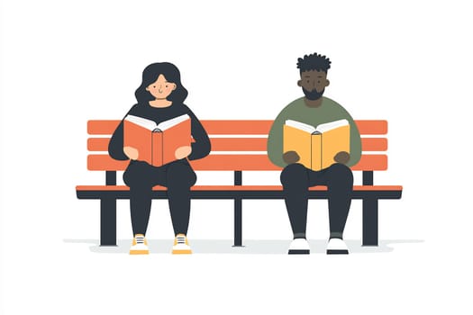 Two individuals sit side by side on a bench, engrossed in their books, enjoying a peaceful moment outdoors.