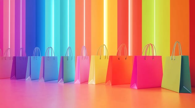 Multiple shopping bags of various colors are arranged in a row against a bright, neon background in a retail setting.