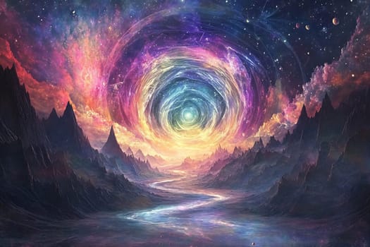 Swirling colors and cosmic patterns illuminate a mystical landscape with mountains and a winding river under a starry sky.