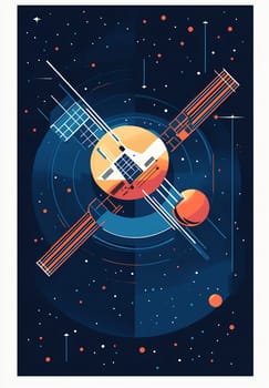 A vibrant depiction of a satellite navigating through space, surrounded by planets and stars against a dark backdrop.