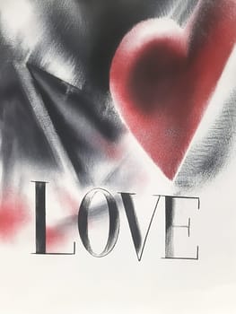 A creative artwork showcasing a large red heart alongside the word love, emphasizing passion and emotion in a dynamic design.