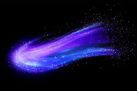 A vibrant comet streaks across the dark night sky, leaving a trail of purple and blue stardust that sparkles brilliantly.