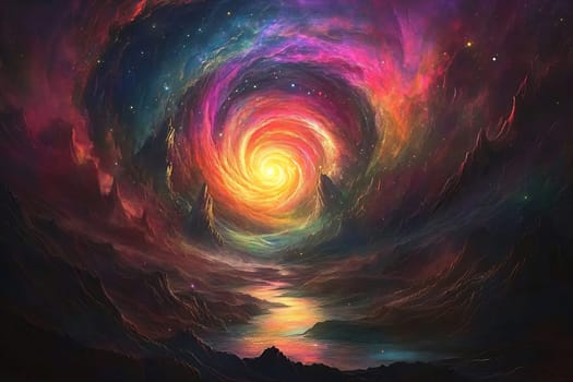 A vibrant galaxy swirls with bright colors over a dark landscape reflecting light on a calm body of water below.