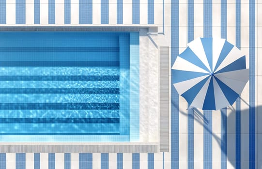 A serene swimming pool featuring blue water and striped white-blue tiles, accompanied by a stylish sun umbrella.