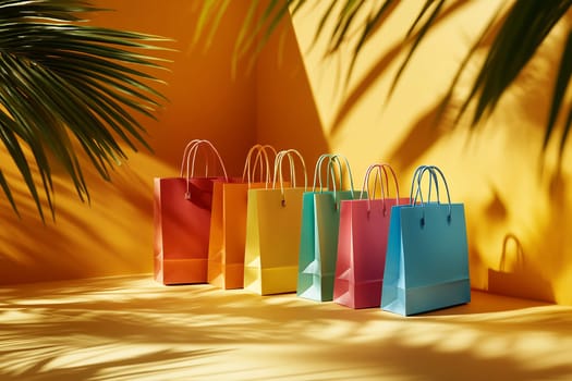 Brightly colored paper bags are neatly arranged against a yellow backdrop, casting playful shadows from tropical leaves above.