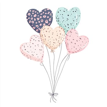 A collection of six heart-shaped balloons in pastel colors, including pink, mint, and navy, tied together, perfect for festive occasions.