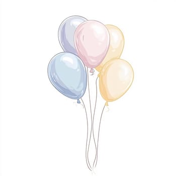 A collection of four balloons in soft pastel colors floats joyfully, creating a light and cheerful atmosphere suitable for celebrations.