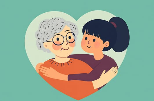 A young girl joyfully hugs her grandmother, showcasing an affectionate bond between them. Their smiles reflect warmth and connection.