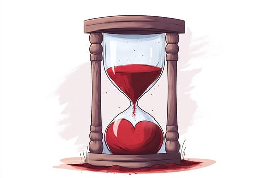 An hourglass with red sand shaped like a heart is shown. The unique design emphasizes the passage of time related to love.