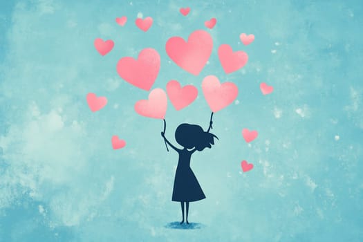 A cheerful girl stands against a blue background, holding colorful heart-shaped balloons, expressing joy and love.
