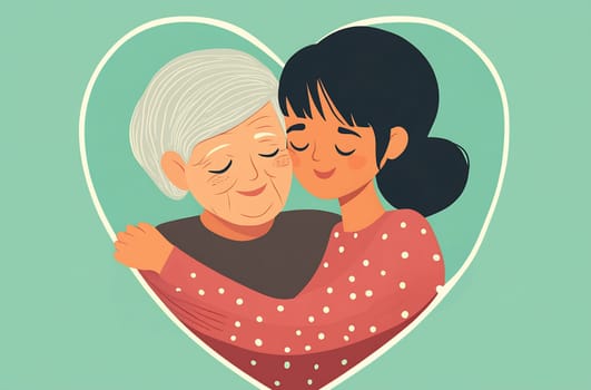 A young woman and an elderly lady share a warm hug, symbolizing love and connection across generations in a heart-shaped outline.