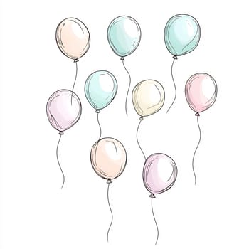 A collection of pastel colored balloons floats gracefully against a light background, creating a cheerful and festive atmosphere.