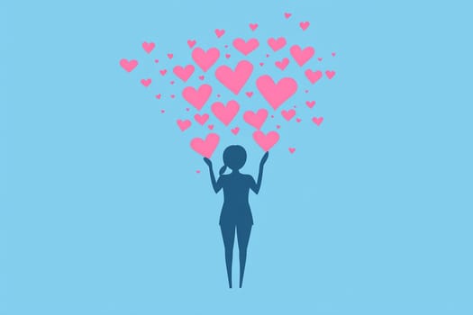 A silhouette of a woman stands against a blue background, surrounded by pink hearts representing love and affection in a joyful moment.