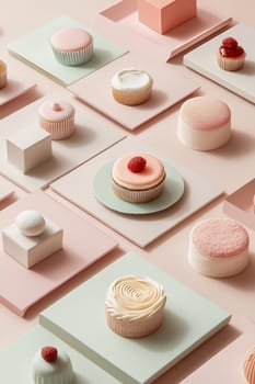 Colorful cupcakes are arranged on soft pastel platforms, showcasing various designs and frosting. The vibrant display invites sweet enjoyment.