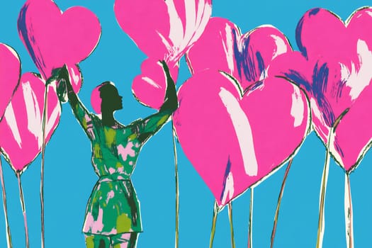 A person stands among large pink heart balloons, enjoying a bright blue backdrop and celebrating love and joy in a vibrant setting.