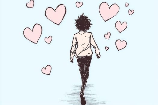 A person strolls away, surrounded by floating hearts, capturing a moment of affection and introspection in a dreamy atmosphere.