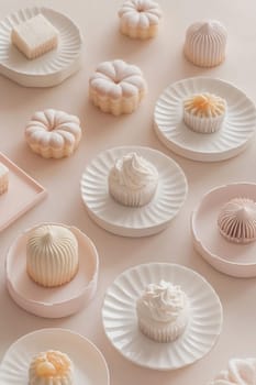 A delightful array of pastel-colored desserts is arranged on elegant plates, showcasing intricate designs and a variety of flavors.