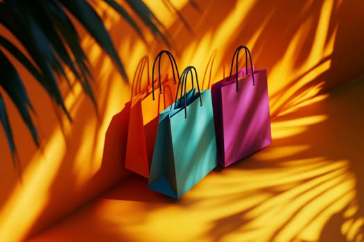 Brightly colored shopping bags rest on a vivid surface, casting playful shadows from nearby foliage in warm sunlight.