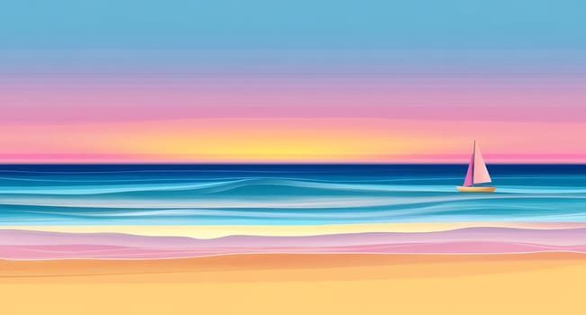 A tranquil seaside view with a small sailboat gliding across gentle waves during a colorful sunset on the horizon.