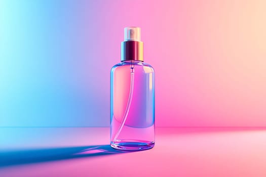A clear perfume bottle stands prominently against a striking pink and blue gradient background, exuding a sense of luxury and style.