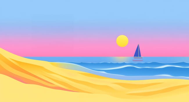 A vibrant sunset casts warm hues over a tranquil beach with gentle waves. A sailboat glides peacefully in the distance.