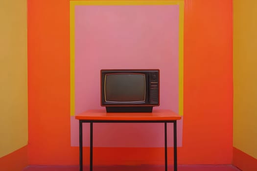 A vintage television sits on a bright orange table in a room with vivid colored walls, creating a bold retro atmosphere.