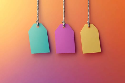 Three vibrant tags in blue, pink, and yellow hang against a warm gradient background, showcasing their unique shapes and colors.