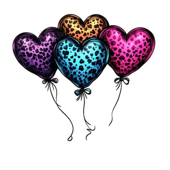 Four vibrant heart-shaped balloons with distinct patterns float together, perfect for festive occasions or special events.