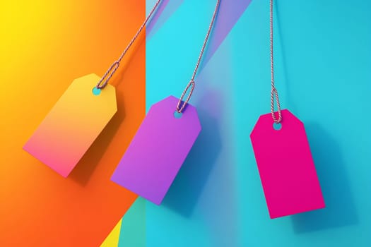 Colorful tags in gradient shades of yellow, purple, and pink hang from a vibrant geometric wall, creating a lively and playful atmosphere.