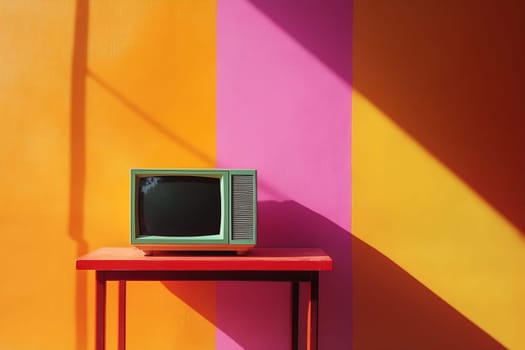 A retro television sits on a bright red table against a colorful wall with orange and pink hues, creating a vibrant atmosphere with shadow play.